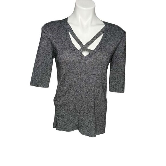 Express NWT black and gray marbled cross neck short sleeve sweater size LP - Picture 1 of 12